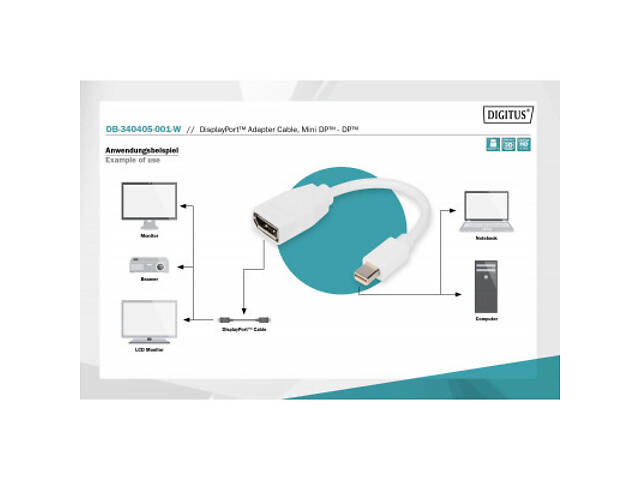 Перехідник mini DP to DP, M/F, 0.15m, white Digitus (DB-340405-001-W) - Фото 2