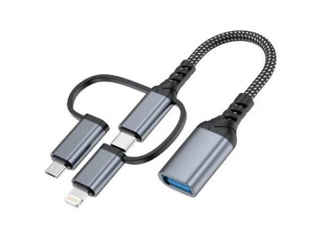Перехідник OTG USB 3.0 AF to USB-C + Micro 5P + Lightning 0.11m 60W XoKo (XK-AC-155) - Фото 1