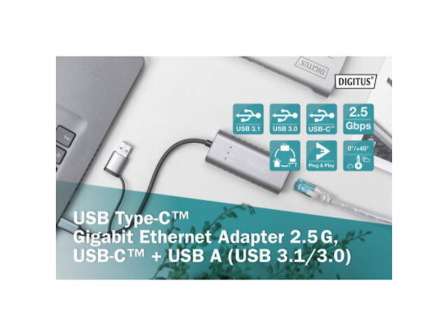 Перехідник USB-C + USB 3.0 to RJ45 2500Mbps Ethernet Digitus (DN-3028) - Фото 2
