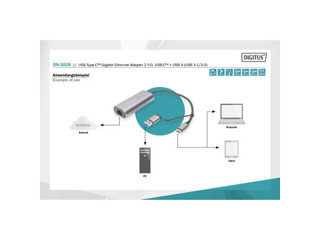 Перехідник USB-C + USB 3.0 to RJ45 2500Mbps Ethernet Digitus (DN-3028) - Фото 3