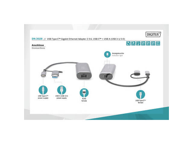 Перехідник USB-C + USB 3.0 to RJ45 2500Mbps Ethernet Digitus (DN-3028) - Фото 10