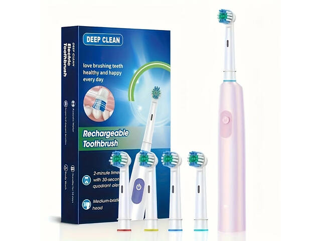 Електрична зубна щітка з 4 змінними насадками, USB-перезаряджання, таймер. Рожева - Фото 1