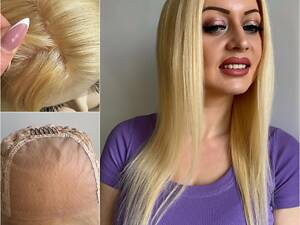 Перука натуральна відтінку блонд, довге волосся з імітацією шкіри голови без чубчика