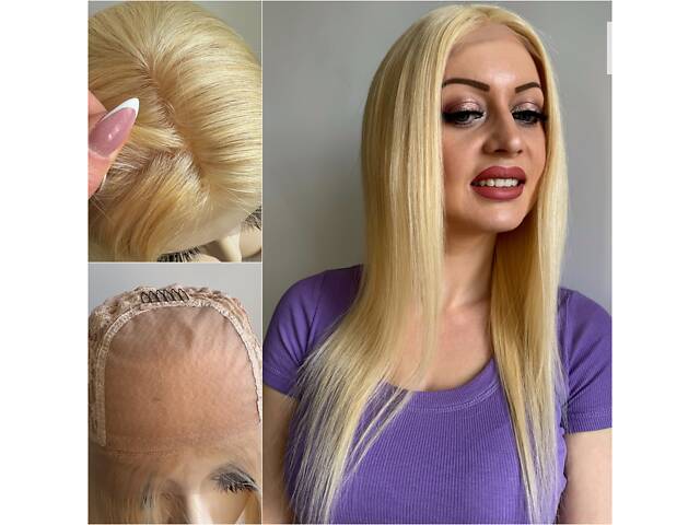Перука натуральна відтінку блонд, довге волосся з імітацією шкіри голови без чубчика