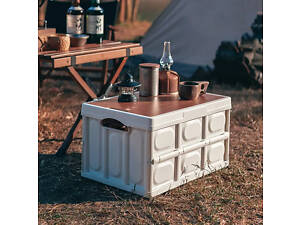 Пластиковий контейнер для зберігання 42.5×30×24см, пластиковий органайзер з дерев'яною кришкою для кемпінгу