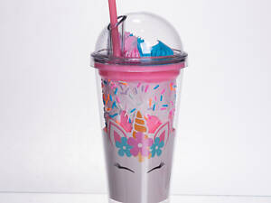 Пластиковий стакан з трубочкою і кришкою 400 мл багаторазовий Рожевий HP-18-1P