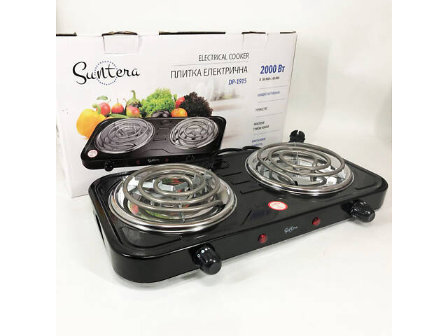 Плита електрична Suntera DP-1915 2 кВт, електроплита 2 конфорки, двокомфорочна плита. Колір: чорний - Фото 4