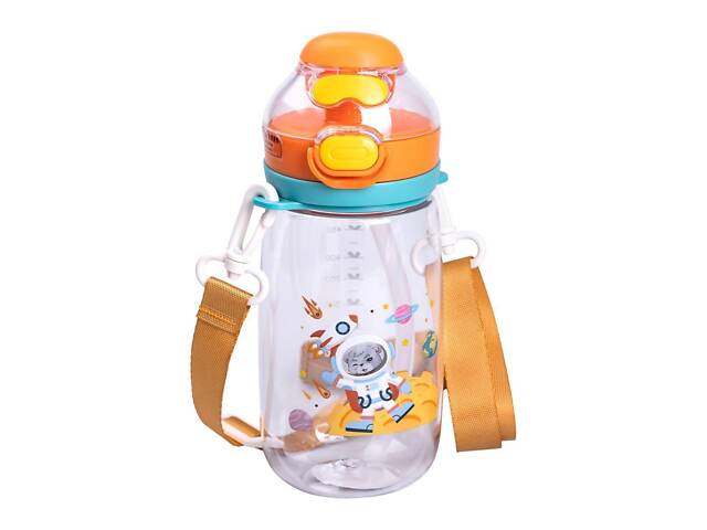 Пляшка для води дитяча 550 мл з ремінцем і трубочкою для спорту та школи 20 см Помаранчева - Фото 1