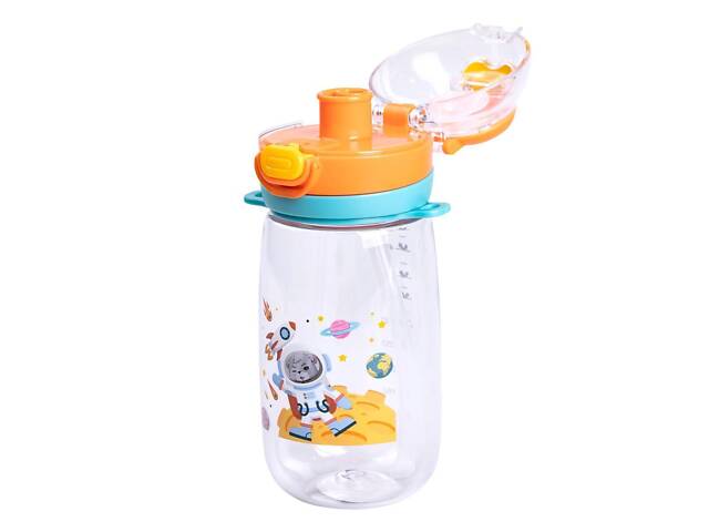 Пляшка для води дитяча 550 мл з ремінцем і трубочкою для спорту та школи 20 см Помаранчева - Фото 3