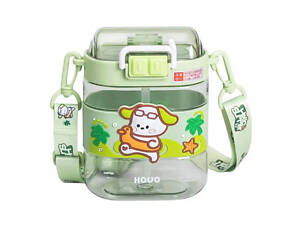 Пляшка для води дитяча з трубочкою та ремінцем 560 мл пляшечка для пиття в школу 15 см Зелена