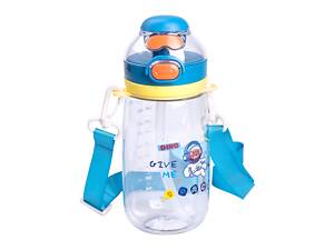 Пляшка для води дитяча 550 мл з ремінцем і трубочкою для спорту та школи 20 см Синя HP-14-45BL