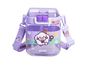 Пляшка для води дитяча з трубочкою та ремінцем 560 мл пляшечка для пиття в школу 15 см Фіолетова HP-14-36V