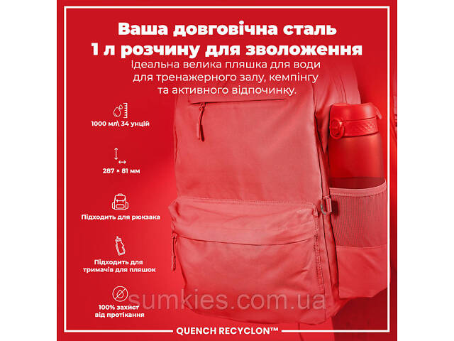 Пляшка для води ION8 1000 мл. (ЕКО пляшка) BPA Free, Red - Фото 5