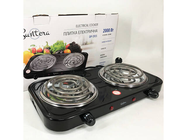 Плита електрична Suntera DP-1915 2 кВт, електроплита 2 конфорки, двокомфорочна плита. Колір: чорний - Фото 1