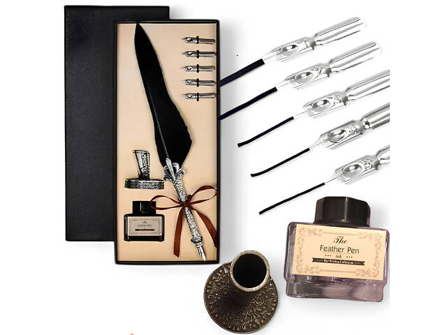 Подарунковий набір з пір’ївкою та чорнильницею RESTEQ — стильний набір для каліграфії та ручного письма - Фото 1