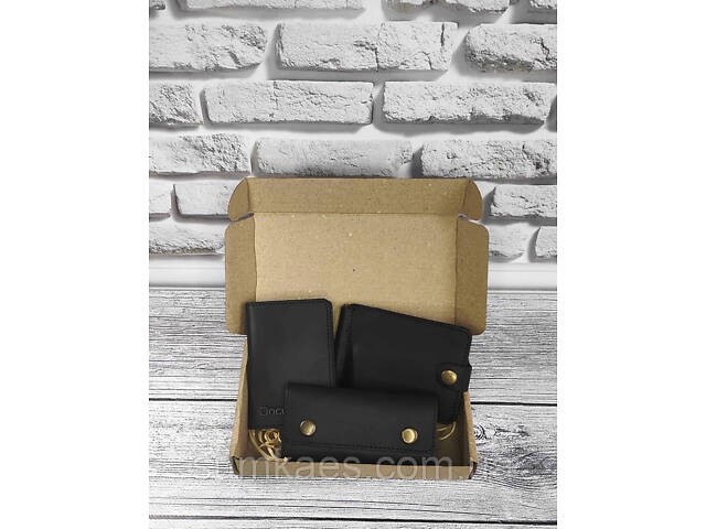 Подарунковий набір DNK Leather №7 (затискач + обкладинка на права, ID паспорт + ключниця) чорний - Фото 1