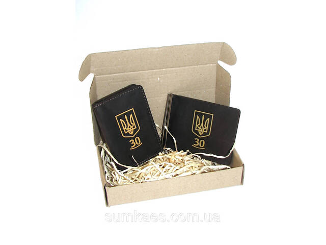 Подарунковий набір DNK Leather коричневий (затискач для грошей + міні-обкладинка для документів) Україна 30 років - Фото 1