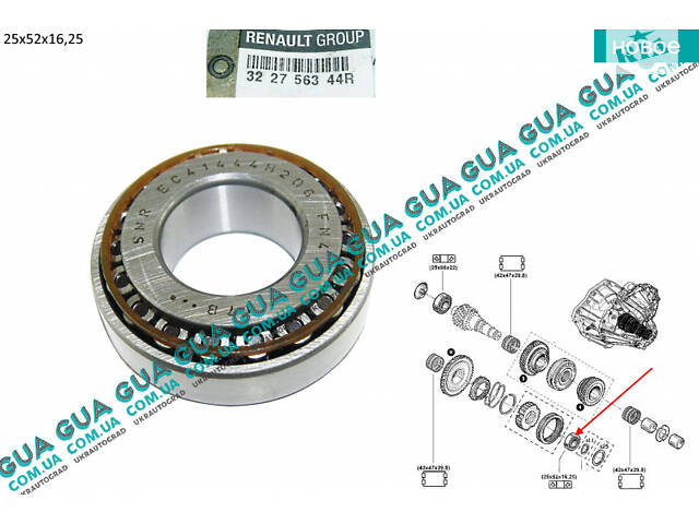 Подшипник КПП роликовый радиально-упорный конический однорядный 25x52х16,25 322756344R Nissan / НИССАН INTERSTAR 1998-20