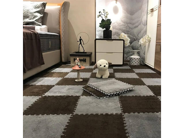 Підлога-пазл плюшева 120x150см, 20 пазлів, тепла підлога, дитячий мат, термокилимок для дому, колір коричневий - Фото 1