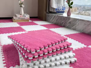 Пол-пазл плюшевый 60x150см, 10 пазлов, теплый пол, детский мат, термоковрик для дома, цвет фуксия