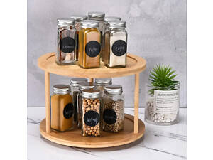 Полиця бамбукова двоярусна кругла кругла, що крутиться, полиця з бамбука( діаметр 30см, висота 20см)
