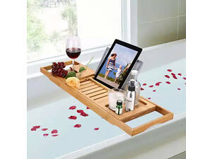 Полиця бамбукова висувна для ванної, довжина 70-105см, накладка на ванну з бамбука, Bamboo_2