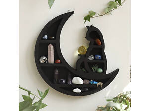 Полиця настінна з дерева для декору та прикрас, відкрита полиця на стіну «Кіт на місяці», розмір 35×35×8см