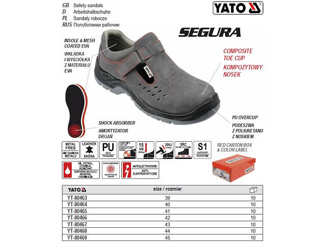 Напівчеревики робочі YATO туфлі SEGURA сандалі шкіра поліуретан розмір 45 YT-80469 - Фото 1