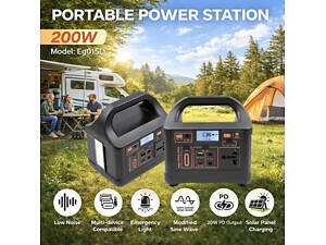 Портативная электростанция 200 Вт — аккумулятор LiFePO4, с функцией ИБП, розеткой 220 В, быстрой зарядкой PD