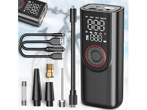 Портативний компресор з цифровим дисплеєм, LED-ліхтариком і набором насадок 3х2000mAh