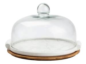 порцелянова тортівниця зі скляною кришкою на бамбуковій підставці HP1203