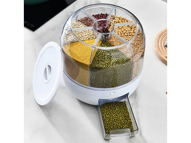 Поворотний кухонний диспенсер на 6 кг, 6 відділень для зберігання круп, сипучих продуктів та бобових - Фото 3