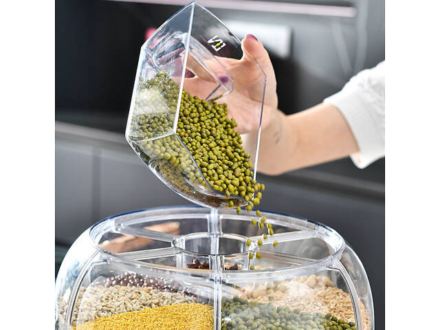 Поворотний кухонний диспенсер на 6 кг, 6 відділень для зберігання круп, сипучих продуктів та бобових - Фото 4