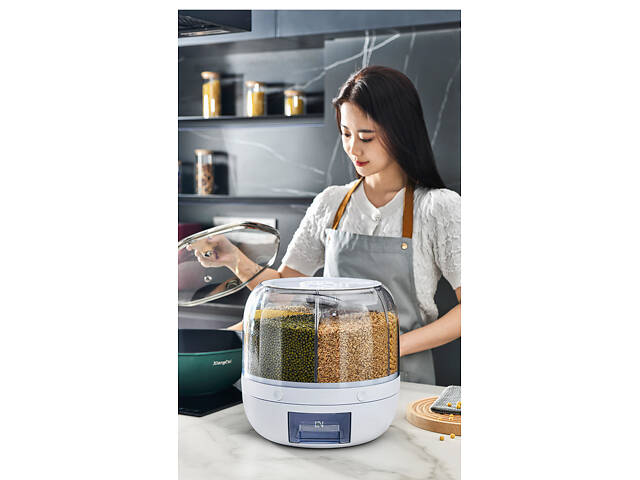 Поворотний кухонний диспенсер на 6 кг, 6 відділень для зберігання круп, сипучих продуктів та бобових - Фото 7