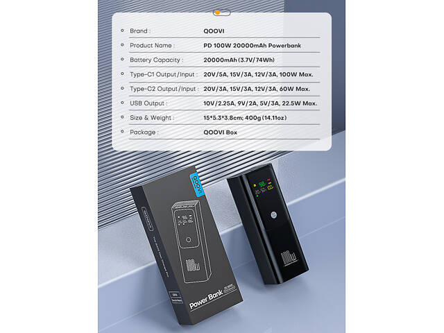 PowerBank для ноутбука 20000mAh 100W PD QOOVI - Фото 5