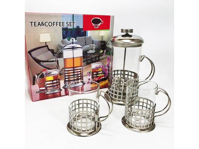 Прес заварник із жароміцного боросилікатного скла UNIQUE UN-1155 0.6 л + 2 чашки Френч-прес для кави - Фото 1