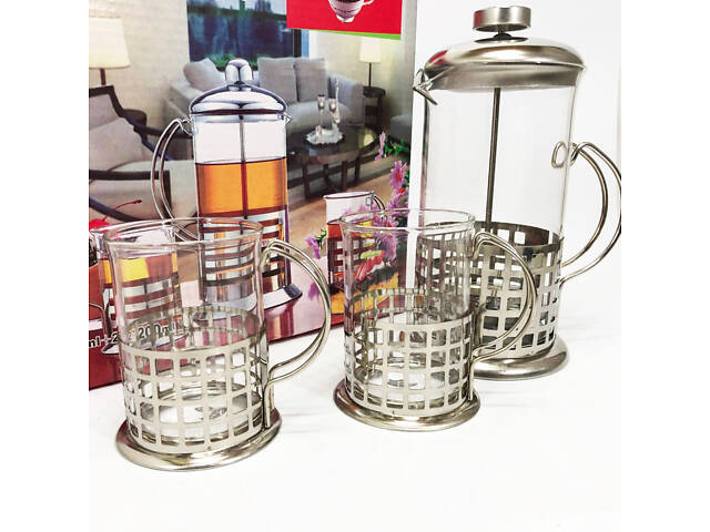 Прес заварник із жароміцного боросилікатного скла UNIQUE UN-1155 0.6 л + 2 чашки Френч-прес для кави - Фото 9