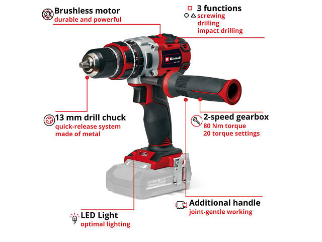 Професійний акумуляторний ударний шуруповерт безщітковий Einhell TP-CD 18/80 Li-i BL - Solo : з АКБ 18В 2.5 Ah - Фото 2