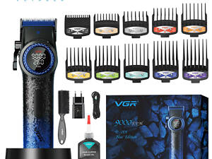 Професійна машинка для стрижки волосся VGR V-001 BLUE з дисплеєм 9000 об/хв та 10 насадками 1,5-24 мм