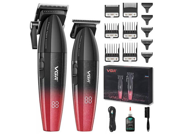 Професійний набір для стрижки волосся VGR V-640 акумуляторний Barber Combo PREMIUM. Колір: червоний - Фото 1