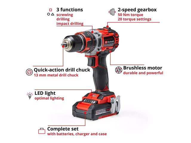 Професійний акумуляторний ударний шуруповерт Einhell TP-CD 18/50 Li-i BL: з АКБ 2шт-18V 2,0 Ah+ЗП - Фото 2