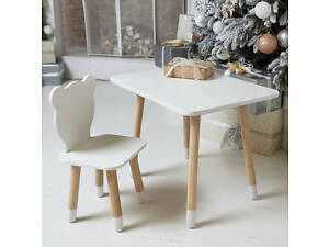 Прямоугольный столик и стульчик детский белый медведь. Столик для уроков, игр, еды