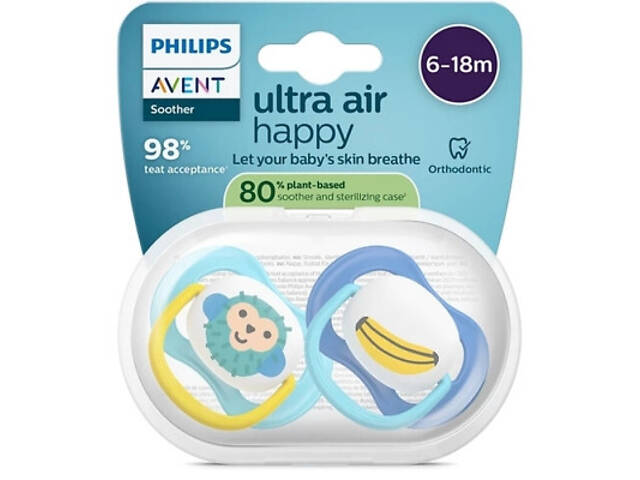Пустышка Philips AVENT Ultra Air 6-18 місяців 2 шт синьо-жовта (SCF080/26) - Фото 4