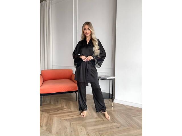 Піжама (халат + брюки) DO3602 чорна M - Фото 1