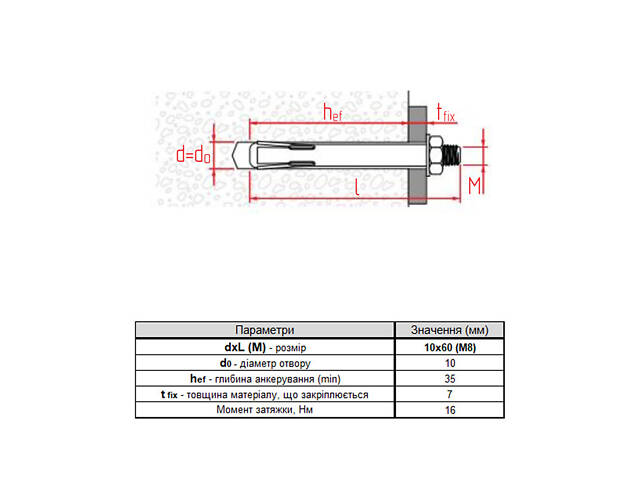 REDIBOLT-N М8 10х60мм притиск 7мм анкер розпірний з гайкою оцинкована сталь (100 шт.) [92F1N000092F11060N] Metalvis - Фото 2