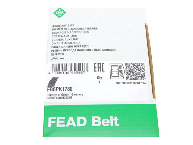 Ремінь генератора поліклиновий INA FB 6PK1780 BMW 3 Series, X1; Renault Espace, Laguna; KIA Seltos, Carens, Optima, Soul - Фото 6