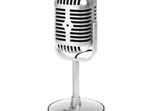 Ретро-мікрофон для стрімів та подкастів RESTEQ — всенаправлений мікрофон з вимикачем, стильний сріблястий дизайн.