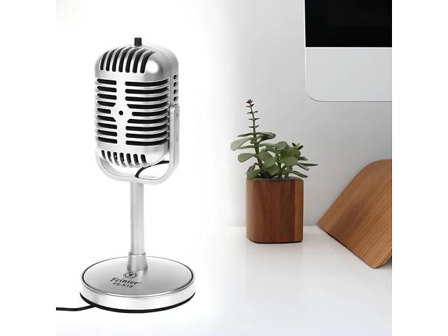 Ретро-мікрофон для стрімів та подкастів RESTEQ — всенаправлений мікрофон з вимикачем, стильний сріблястий дизайн. - Фото 2