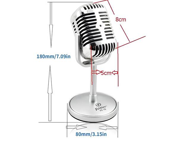 Ретро-мікрофон для стрімів та подкастів RESTEQ — всенаправлений мікрофон з вимикачем, стильний сріблястий дизайн. - Фото 4