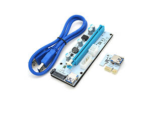 Riser PCI-EX, x1 => x16, 4-pin/6-pin/Sata, USB 3.0 AM-AM 0,6 м (синій), конденсатори 270, White, Пакет